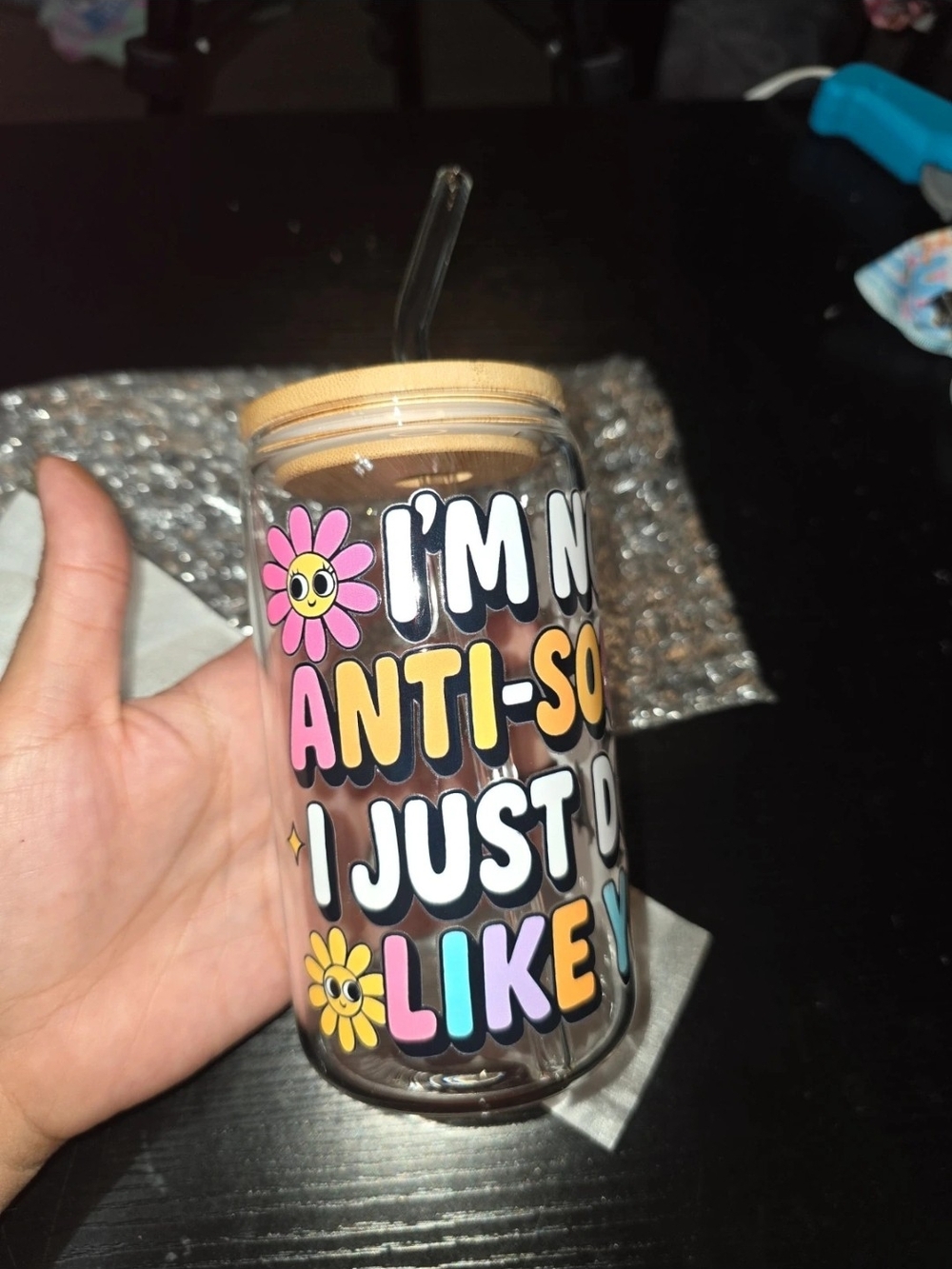 Cute Multi-Color Glass Tumbler with Straw - 'I'm Not Anti-Social'